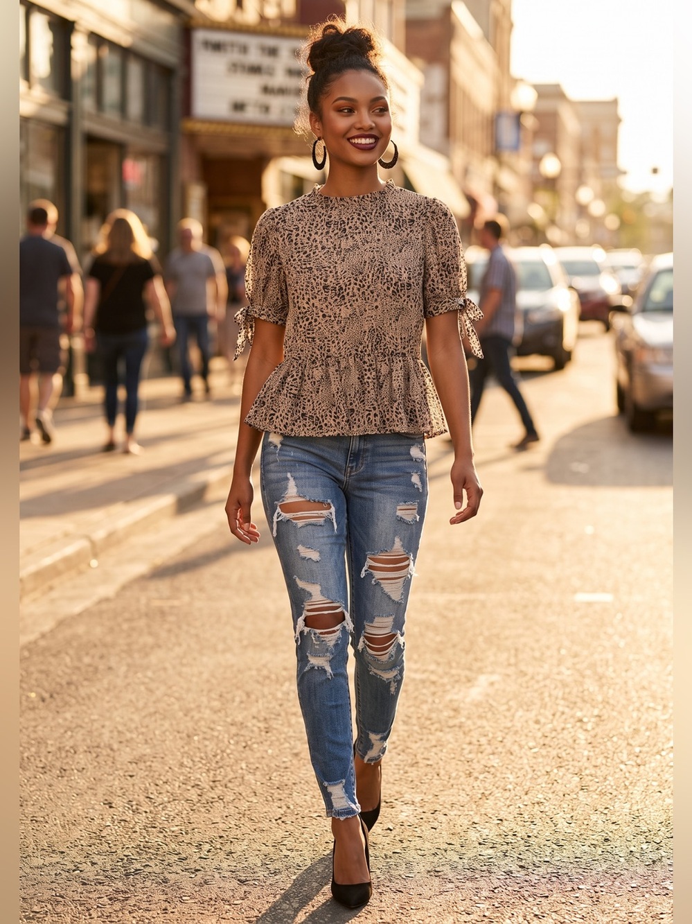 Sugarlips Taupe Animal-Print Long Sleeve Peplum Top